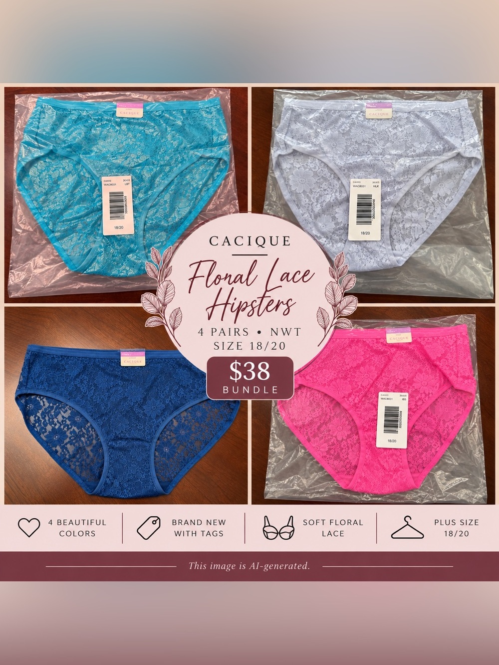 Cacique Floral Lace Hipster Panties 4 Pack NWT Size 18/20
